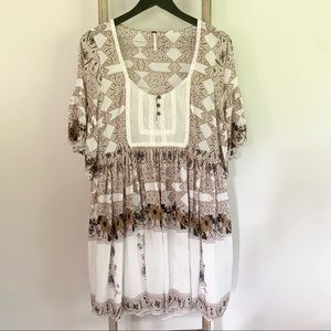 Free People White/Brown Floral Tunic/Dress Size Large